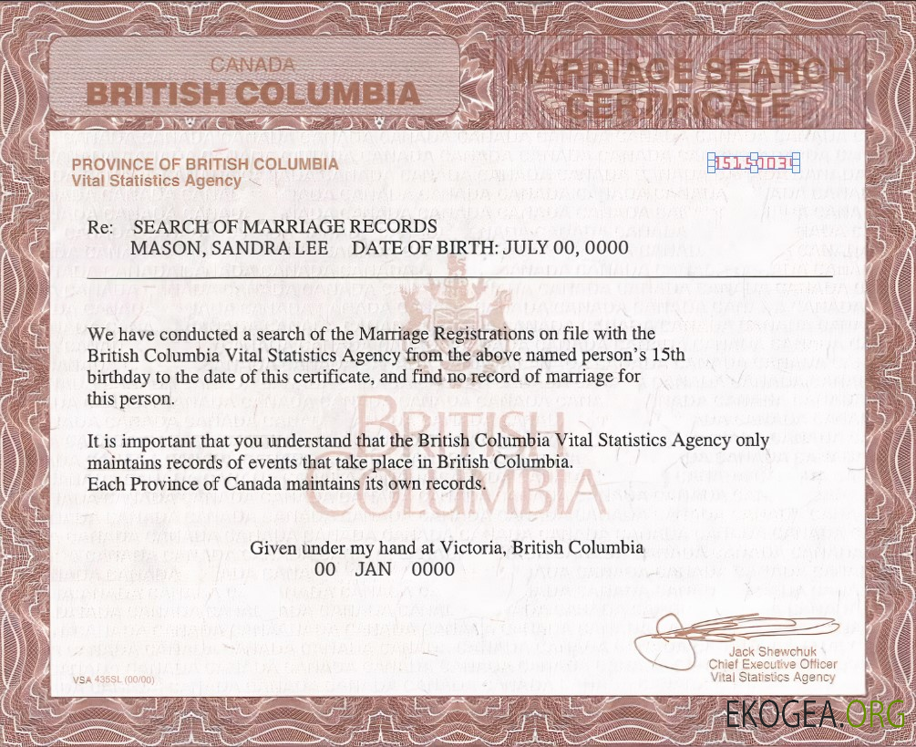 Modèle de certificat de mariage Canada Colombie Britannique au format PSD